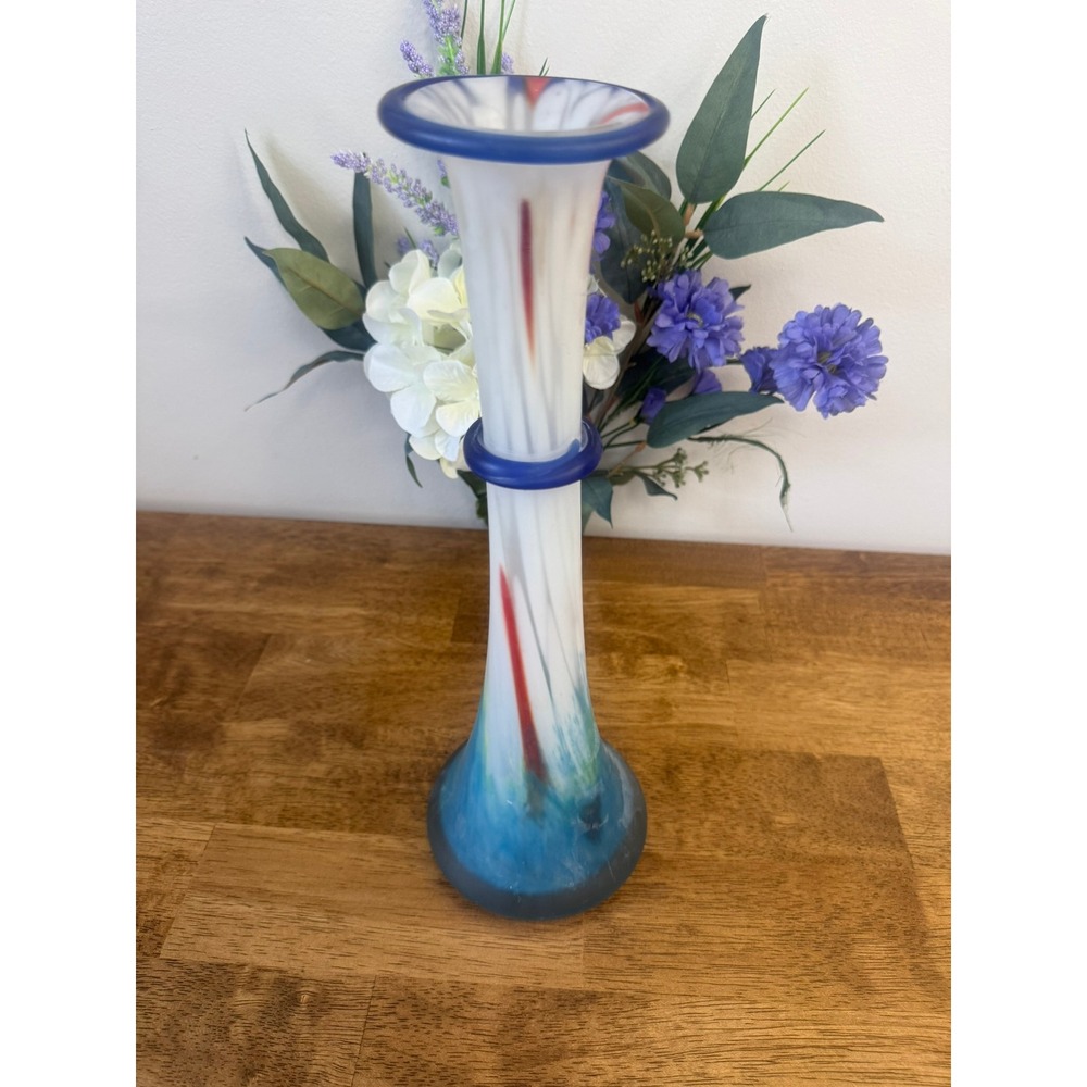 Vintage Czech Art Glass‎ Tall Cased Vase Satin White Cobalt Blue Mid Century